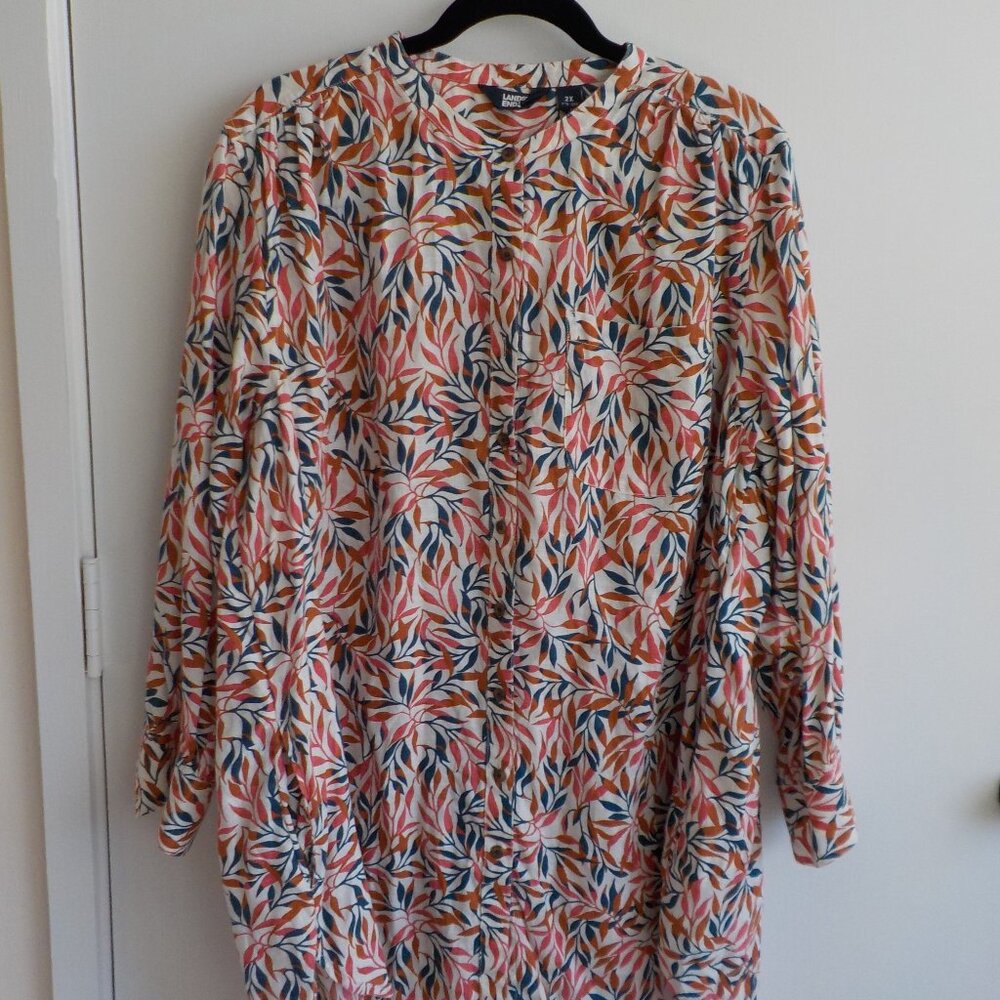 Lands End Blouse Dress - Size 2X - Linen Button Down Multicolor Tropical (676)
